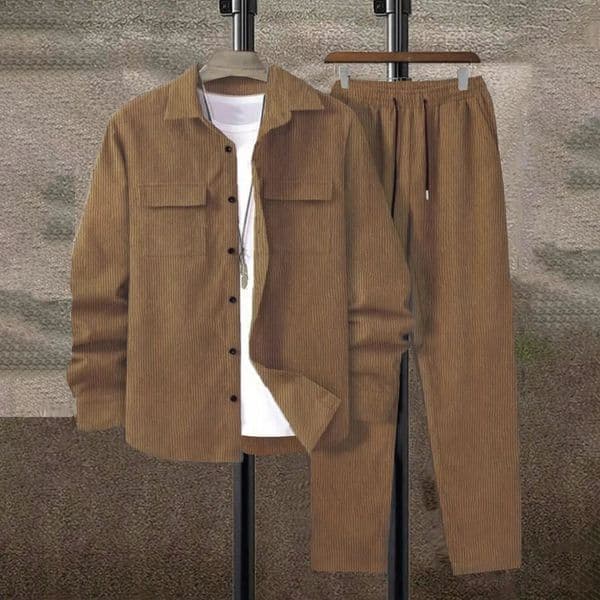 Mens suit Solid color corduroy Long sleeve shirt and pants casual 241223Z