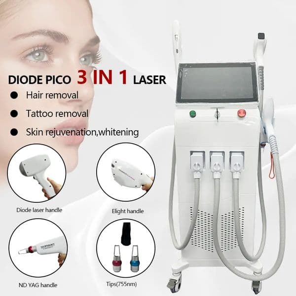 Stationary New 3 in 1 Diode Laser Ice Titanium Painless Hair Removal Picosecond Tattoo Washing Face Carbon Peeling Elight OPT Skin Rejuvenation Machine