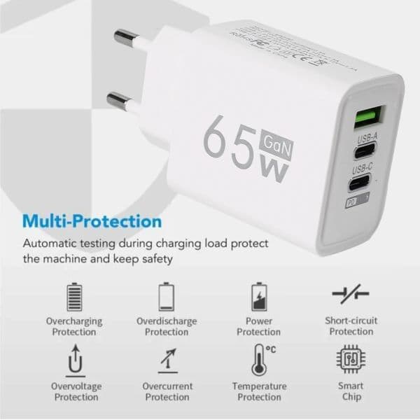 65W 3 Ports Wall Charger Adapter Type C QC3.0 Fast Charging PD USB Charger For iPhone Xiaomi Samsung 65W 2025 USB-C To Type C Cable