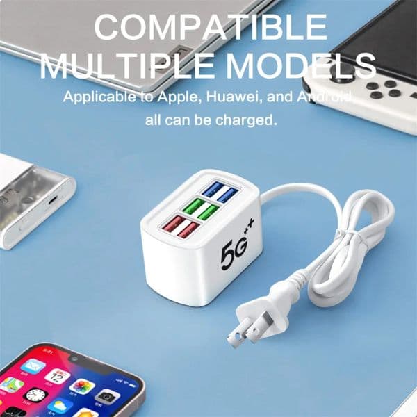 Fast USB Charger 6 in 1 Power Strip Desktop Charging Station Fast Charging 1m Cord USB HUB Adapter 2025 Socket for iPhone 16 Home