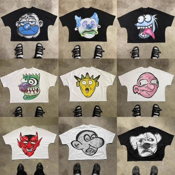 Trendy Fashion Letters Cartoon Print Oversized Short-sleeved Men Y2k Harajuku Hip-hop Retro Loose Casual T-shirts Women 260303
