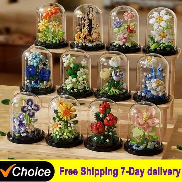 Christmas Potted Building Block Simulation Successful Bouquet Creative Puzzle Building Block Eternal Flower Home Decoration Rose W250102