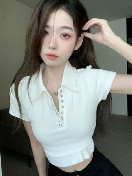 Polo Neck Shirt for Women Sexy Crop Top Plain Woman T Button Slim White Womens Clothing Trend Sales Youthful Clothes Basic 250102BJ