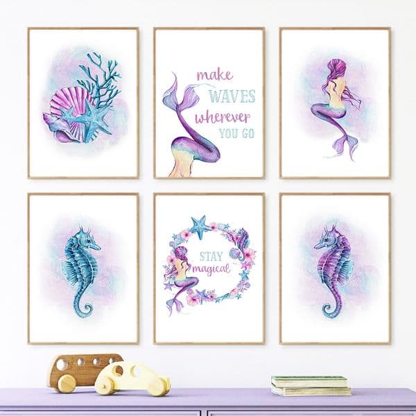 Mermaid Girl Seahorse Scallop Coral Nursery Wall Art Canvas Painting Nordic Posters And Prints Pictures For Baby Kids Room Decor