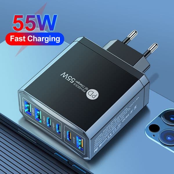 55W 3 USB 3 PD Charger Fast Charging QC3.0 Travel Charger For iPhone 15 14 Samsung Xiaomi Mobile Phone Adapter EU 2025 KR US UK Plug