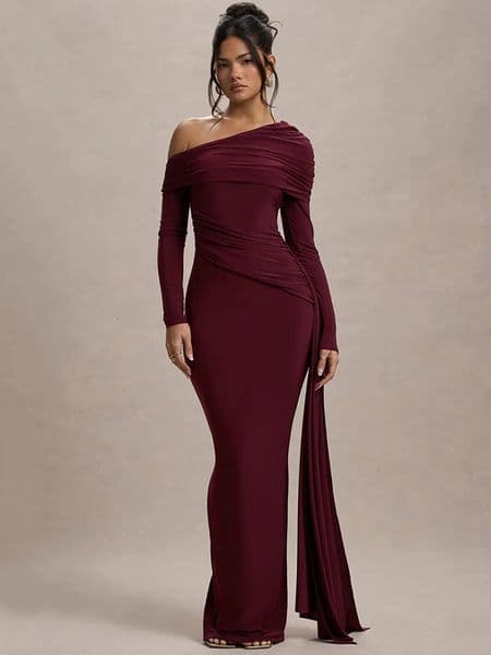 Mozision Skew Collar Long Sleeve Maxi Dress for Women Backless Draped Ruched Bodycon Gown - Elegant Clubwear C260312