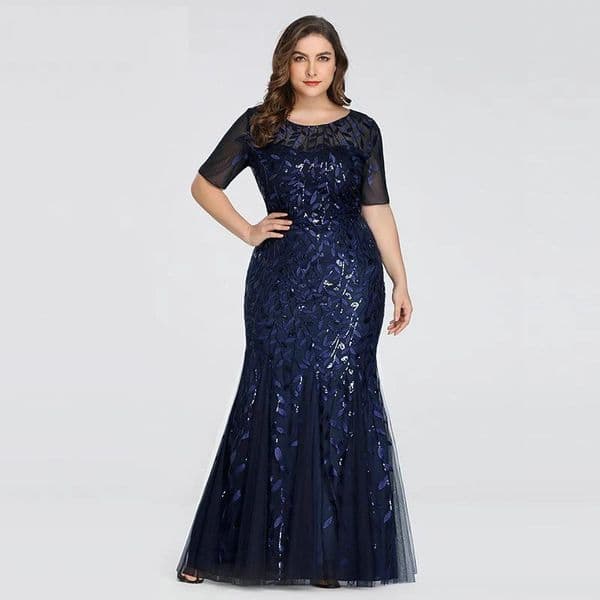 plus size sequin net mermaid ultra-thin evening dress with bead leaf pattern for formal womens elegant party dance dress short sleeved 250102