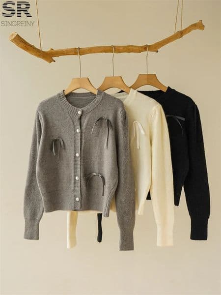 SINGREINY Bow Knitted Cardigan Women Long Sleeve O Neck Autumn Winter Pearl Buttons High Quality Casual Thick Sweater 241230