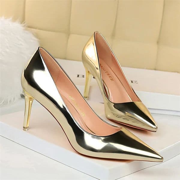 Womens Mteallic Bronze Leather Pump 7.5cm 10.5cm High Heels Womens Stiletto Shoes Middle Boots Wedding Bridal Gold and Silver Activity Shoes 250102BJ