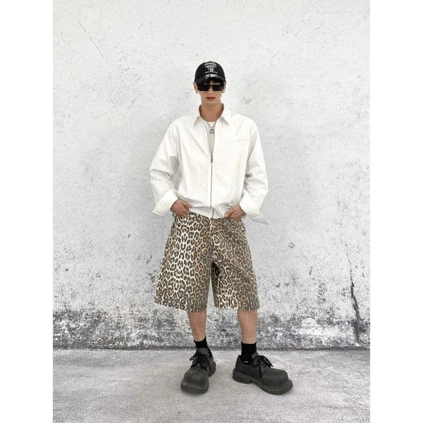 Vintage Straight-leg Wide-leg Denim Shorts For Men Casual Loose-fit American Style Leopard Print Retro Spring Season 250102BJ