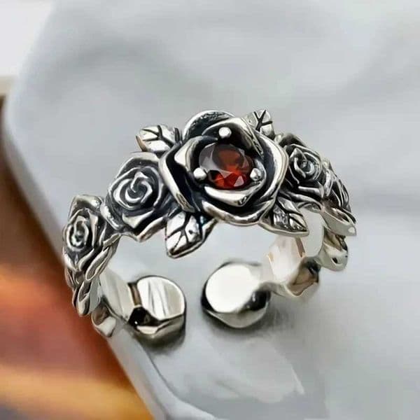 Vintage Silver Red Zircon Rose Couple Ring Bohemian Vintage Metal Ring Female Open Adjustable Ring W250102