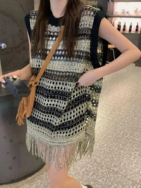 Summer Chic Hollow Out Sweet Tassels Female Mini Dresses Classic Striped Contrast Color Fashion Knitted Casual Women Dresses 250102