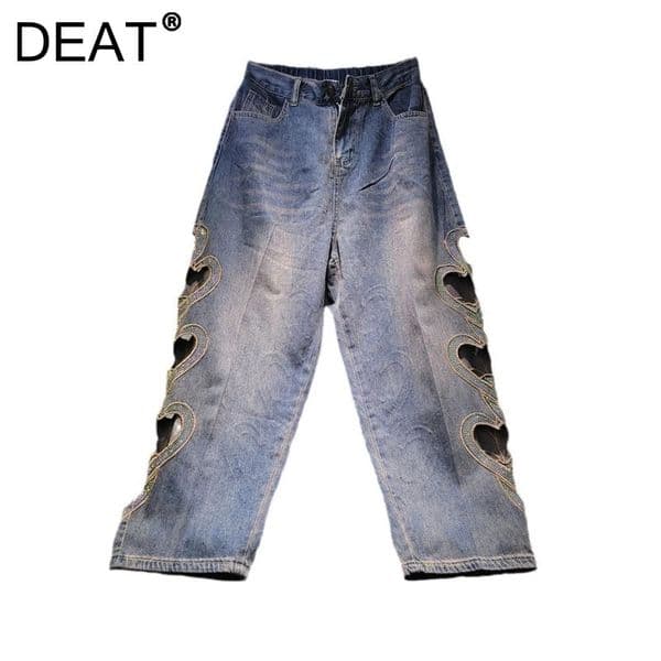 DEAT Women's Jeans Heart Rhie Hollow Out Elastic Waist Ankle-Length Wide Leg Denim Pants 2025 New Fashion Spring 29L9486