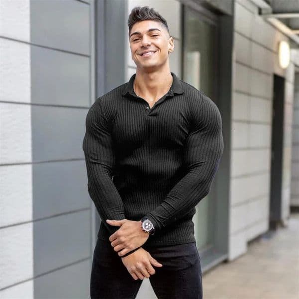 Spring and Autumn Fashion Mens Long Sleeve Knitted Polo Shirt Fitness Clothing Ultra Thin Fit Polo T-shirt Mens Fitness T-shirt Top 250103