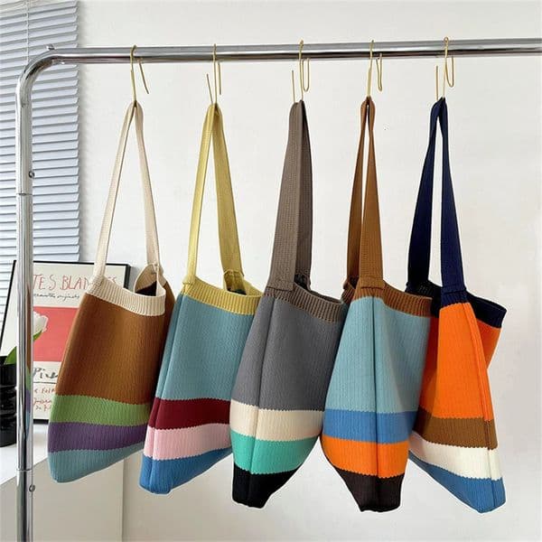 Womens Knitted Striped Shoulder Bag Female Woven Crossbody Handbag Eco Large Capacity Shopper Bag Retro Rainbow Storage Bag 250102