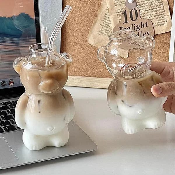 2026 320Ml Creative Cute Bear Coffee Mug With Straw Transparent Cup Beer Milk Water Cups Wholesale Glass Drinkware Set 241226 Free Shipping