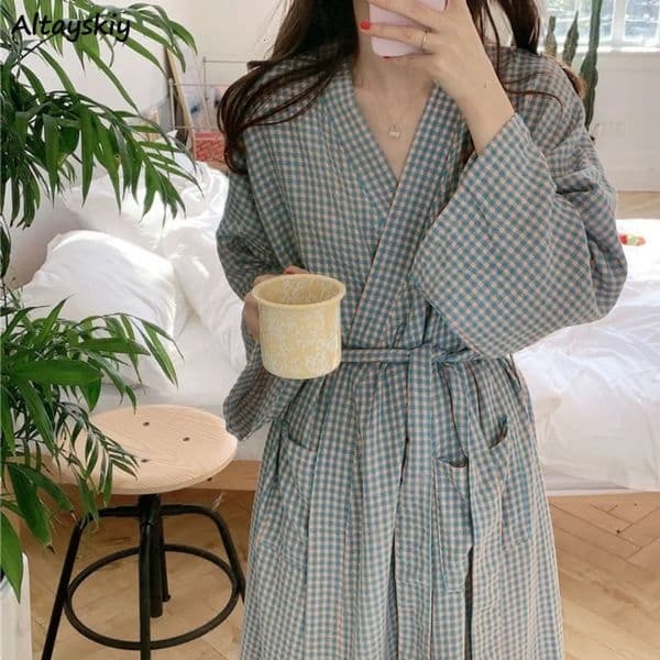 Plaid Robes Women Spring Simple Loose Homewear All-match Ins Korean Fashion Mid-calf Pockets Vintage Comfort Bathrobe College 250102BJ