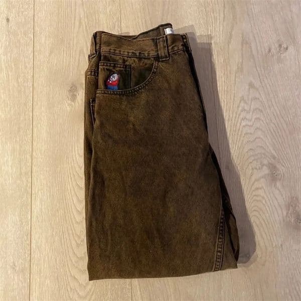 Harajuku Polar Big Boy Baggy Jeans Y2K Pants Gothic Graphic Brown y High Waist Wide Trousers Men Clothing 241216wtt