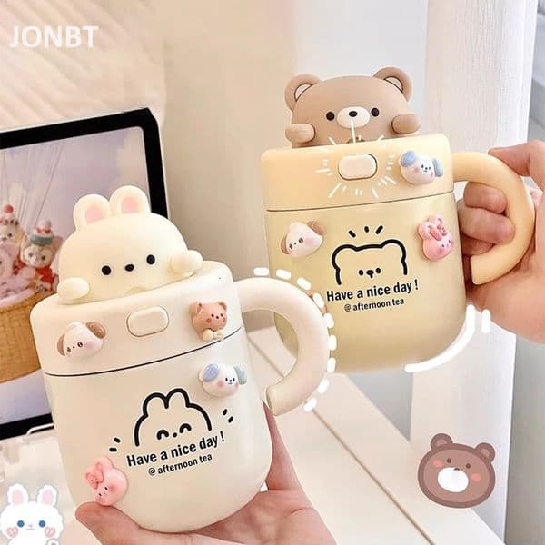 Kawaii Bear Thermal Mug Insulated Coffee Tumbler For Cold Drinks Water Tea Large Thermos Stainless Steel Cup With Straw Lid 250106