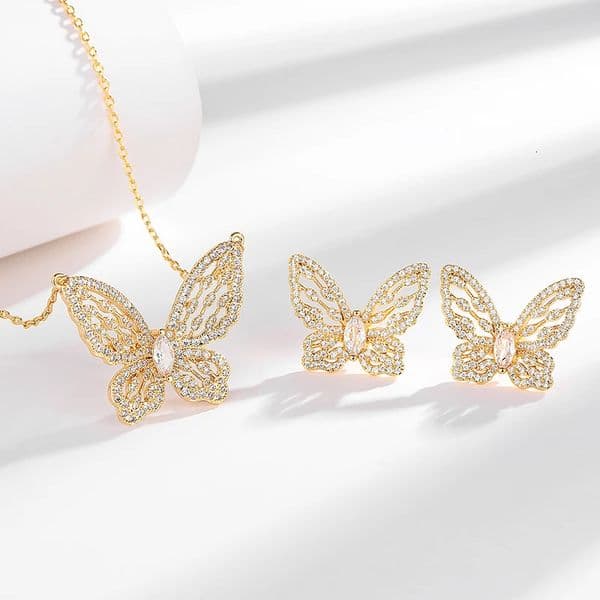 Fashion Classic Two Piece Butterfly Wings Necklace Earnail Zircon Jewelry Set Anniversary Party Gift S 250102