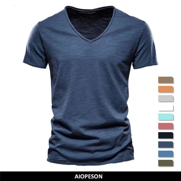 Quality 100% Cotton Men Tshirt Vneck Fashion n Slim Fit Soild Male Tops Tees Short Sleeve 250106BJ