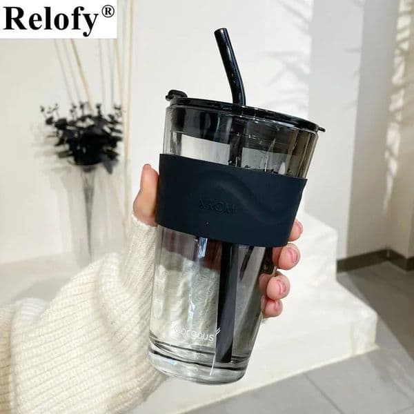 450ml Lead Free Glass Mug with Cup Sleeve and Lid Straw Coffee Mugs Juice Glass Cute Coffee Mugs Milk Cups Tea Mug Drinkware 250106