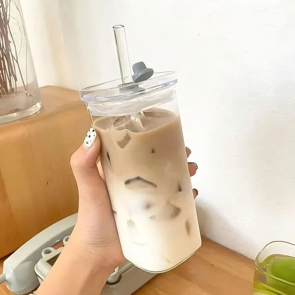 1PCS Square Heat Resistant Coffee Glass Cup With Lid and Straw Transparent Milk Tea Juice Cups Mug For Home Bar Drinkware y241226