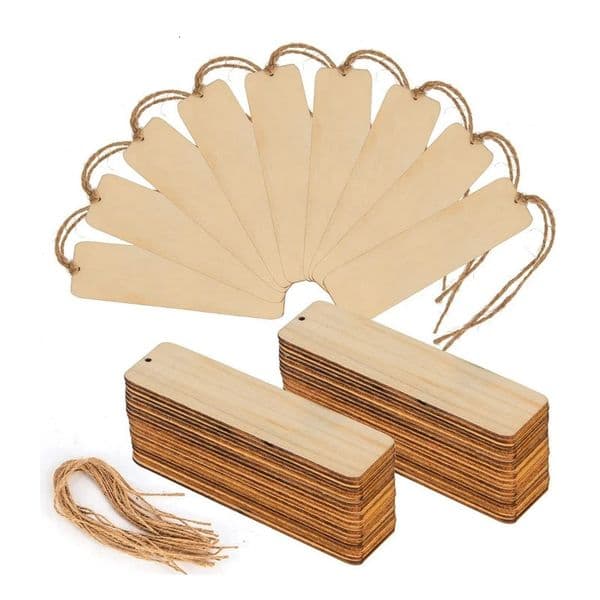50 PCS Wood Blank Bookmarks Unfinished Wooden Book Marks Hanging Tag With Holes And Ropes DIY Craft Projects 250107