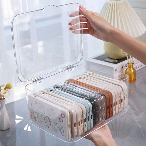 Acrylic Sundries Storage Basket Phone Case Holder Ins 2025 Transparent Phone Case Organizer Storage Box with Cover Home Desktop