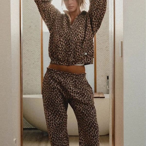 Punk fashion leopard print hooded womens sports pants Y2K street hip-hop original cheetah print hooded sports shirt retro set 250107