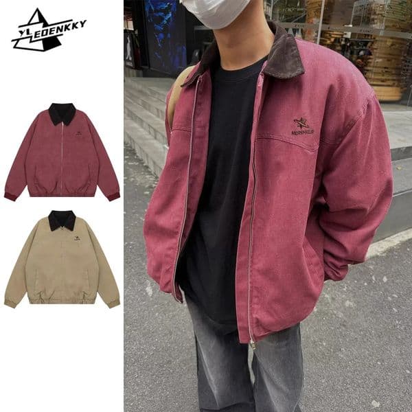 Vintage Cargo Jacket Men Women American Casual Loose Baseball Coat Wash Lapel Loose Streetwear Spring Autumn Couple Tops 250107