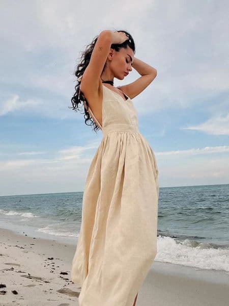 Bornladies Spring Summer Beach Style Women Dress Vintage Loose A-line Sling Dress Sexy 100% Cotton V-neck Dress 250107
