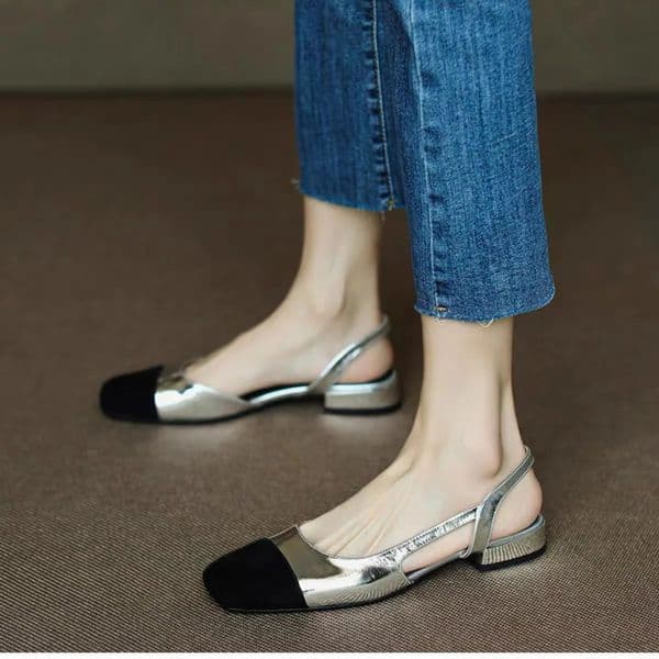 French Summer Mixed Colors Sandals Womens Baotou Slip-On Low-heeled Slingback Roman Flat Shoes Gold Silver 250106BJ