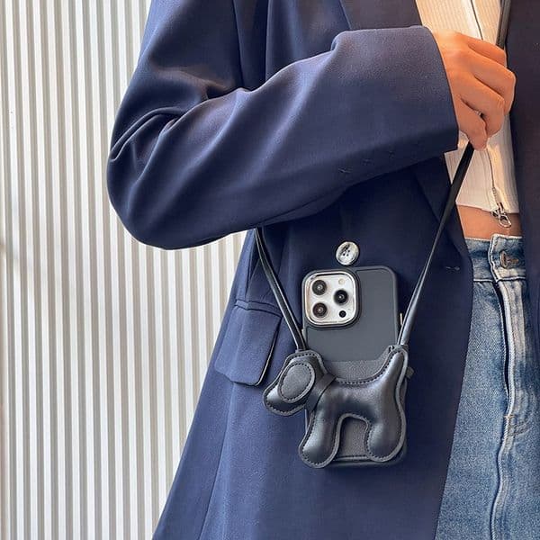 Simple Frosting Crossbody Lanyard Leather Strap Dog 2025 Puppy Card Holder Case for iPhone 16 15 14 13 12 11 Pro Max Cover