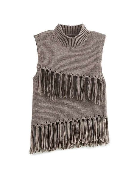 Zevity Women Fashion Sleeveless Cascading Tassel Knitting Vest Sweater Female Chic Stand Collar Waistcoat Pullover Tops Sw7311