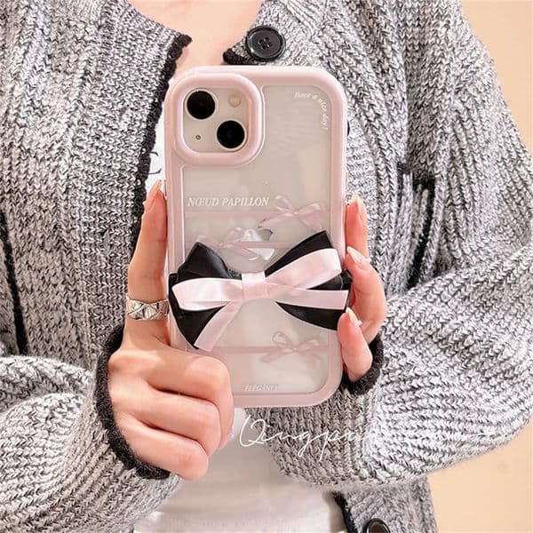 Korean Cute Ribbon Bow Pink Clear Phone Case For iPhone 15 14 13 12 11 Pro Max X XR 2925 XS Ins Lovely Cream Glossy Soft Back Cover