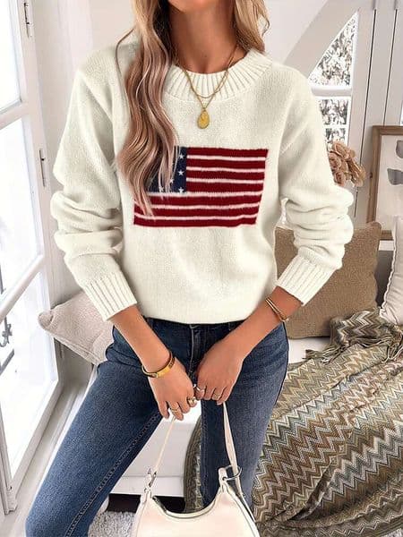 Plus Size Autumn And Winter New National Flag Pattern Women's Comfortable Loose Casual Sweater