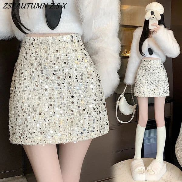 Hepburn Style Aline Skirt Women Sexy Mini High Waist Slim Heavy Sequin Wool Female Korean Allmatch Super Fashion 250106BJ