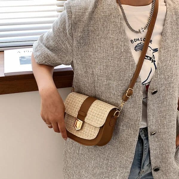 Elegant Woman's Pure Color Knitting Saddle Tote Versatile Single Shoulder Leisure Bag