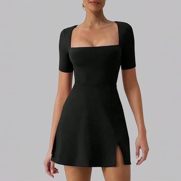 Summer Womens Dress Sexy Square Collar Lady Solid Color Split Hem Cinched Wais Aline Clothing 250106BJ