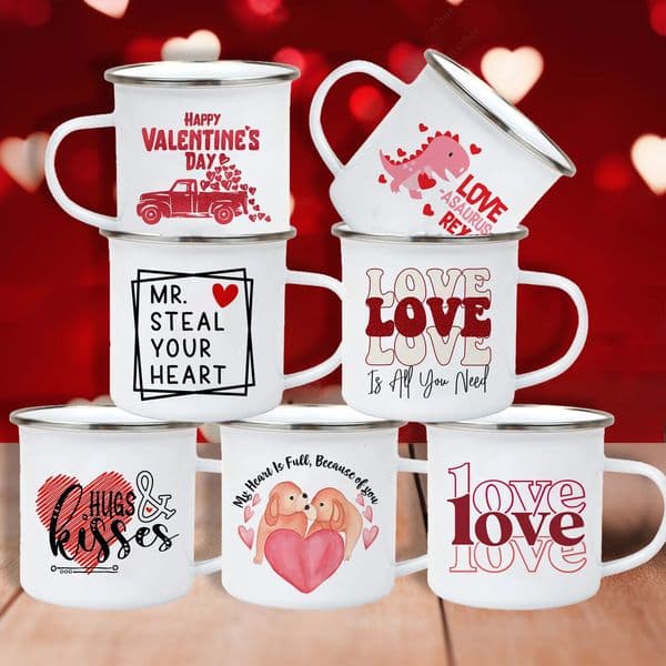 Love Heart Printed Camping Mug Valentine Party Juice Milk Cup Coffee Cups Enamel Mugs Valentines Day Gifts for Family Friends 250109