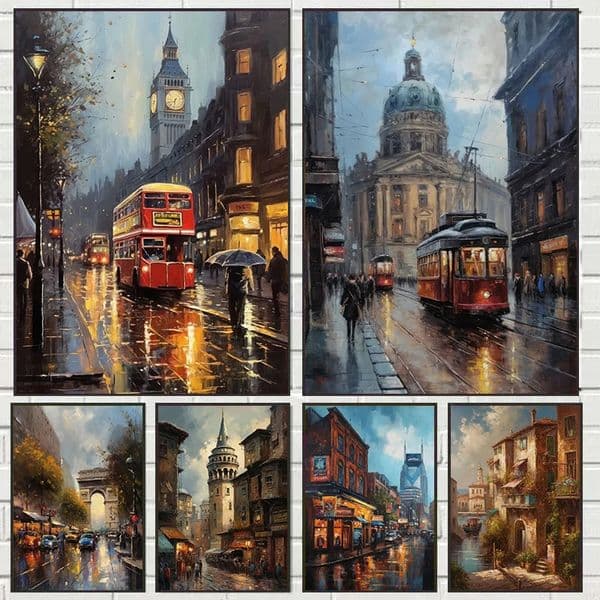Vintage Cityscapes Style London Parisian France Berlin Germany Poster Canvas Printing Landscape Wall Art Picture for Room Decor
