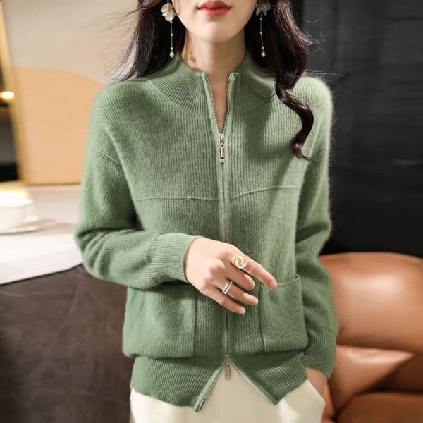 100% Merino wool autumn/winter womens sweater half turtleneck zip-up cardigan fashion pocket warm bottom knit coat top 250106