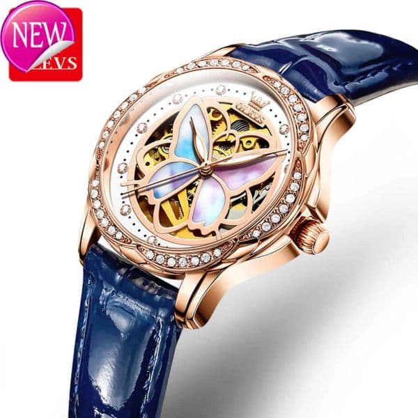 Other Clocks home OLEVS 6615 Classic Mechanical butterfly Dial Round Wristwatches Waterproof Leather Strap Ladies Bracelet Blue mechanical W
