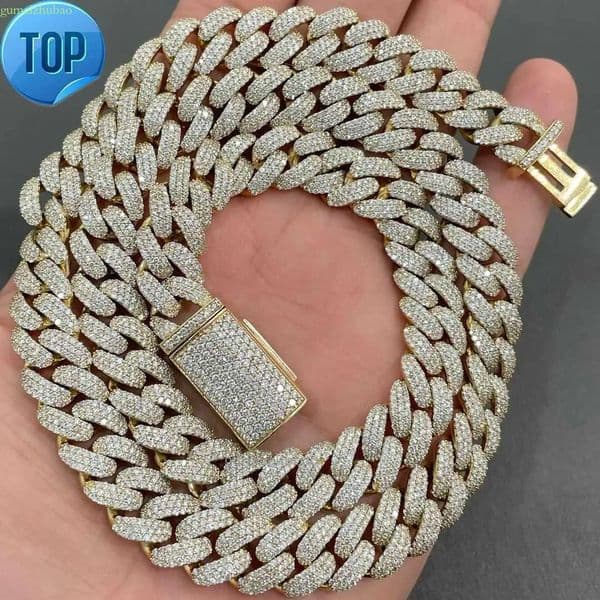 AAA GEMS 12MM Moissanite Gold Over Sier Iced Out Chain 3 Rows Men Hip Hop Cuban k Necklace