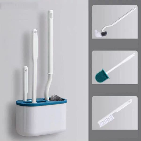 3 IN 1 Toilet Bowl Brush Set with Wall Mounted Drain Barrel Holder Home Bathroom Cleaning Tool
