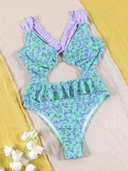 Miyouj Ruffle Suits Hollow Out Swimsuits Sexy Swimwear Women Printed Beachwear Push Up Bodysuit Brazilian 250114