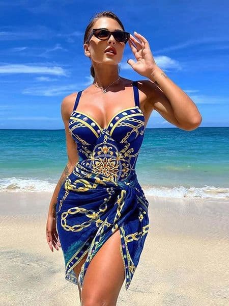 Underwire Women Sexy Swimsuit 2 Piece Swimwear Slim Monokini Chains Print Push Up Bikini Black Blue Green Beachwear Light 250114