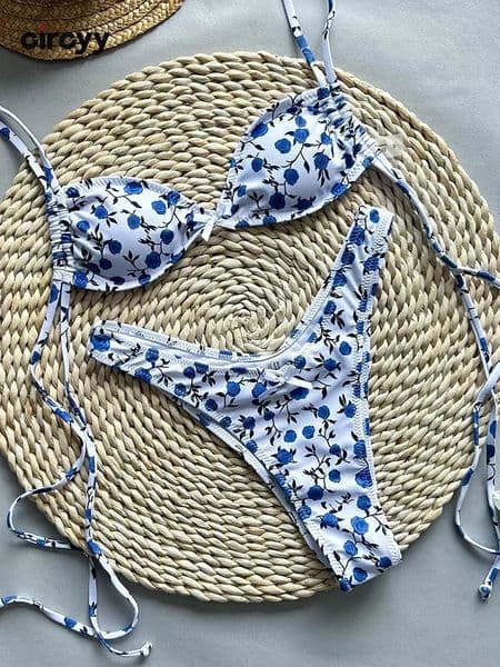 Circyy Bathing Suit Women Drawstring Lace Up Bikini Printed Swimwear Twopieces Swimsuit Summer Sexy Thong Split Beachwear 250114