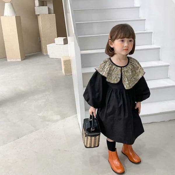 Autumn Girls Dress Floral Collar Bubble Sleeves Princess Dress Irregular Pleats Lapel Fashionable Spring Childrens Clothing M250114